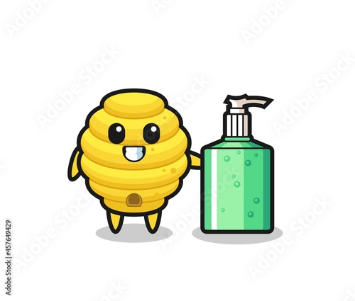 cute bee hive cartoon with hand sanitizer