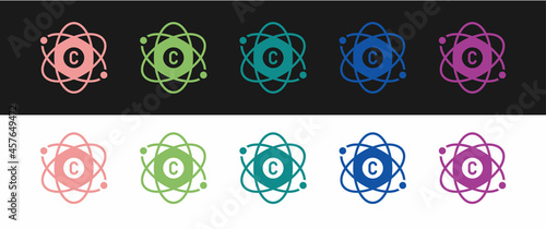 Set Atom icon isolated on black and white background. Symbol of science  education  nuclear physics  scientific research. Vector