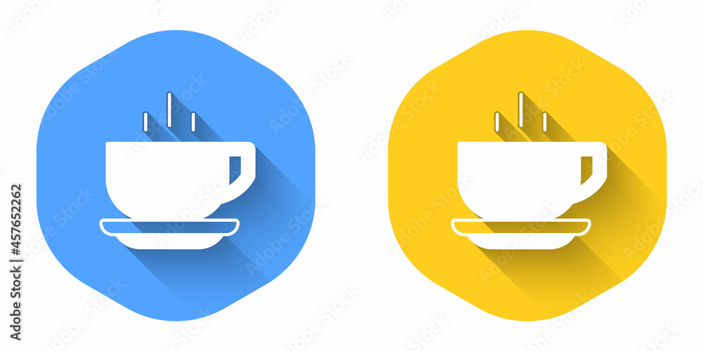 White Coffee cup icon isolated with long shadow background. Tea cup. Hot drink coffee. Circle button. Vector White Coffee cup icon isolated with long shadow background. Tea cup. Hot drink coffee. Circle button. Vector