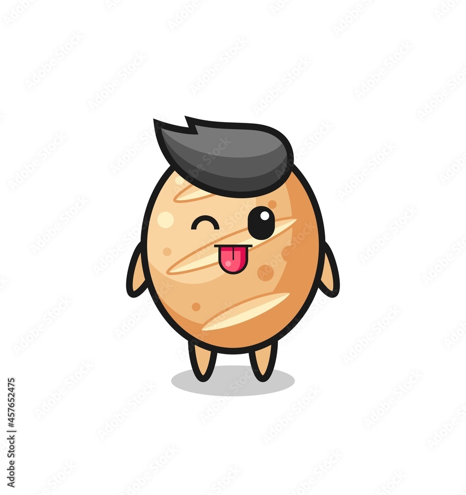cute french bread character in sweet expression while sticking out her tongue