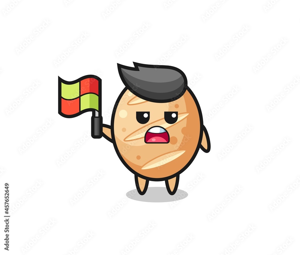 french bread character as line judge putting the flag up