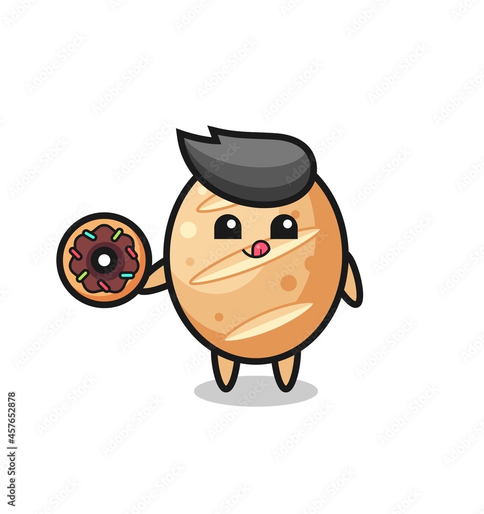 illustration of an french bread character eating a doughnut