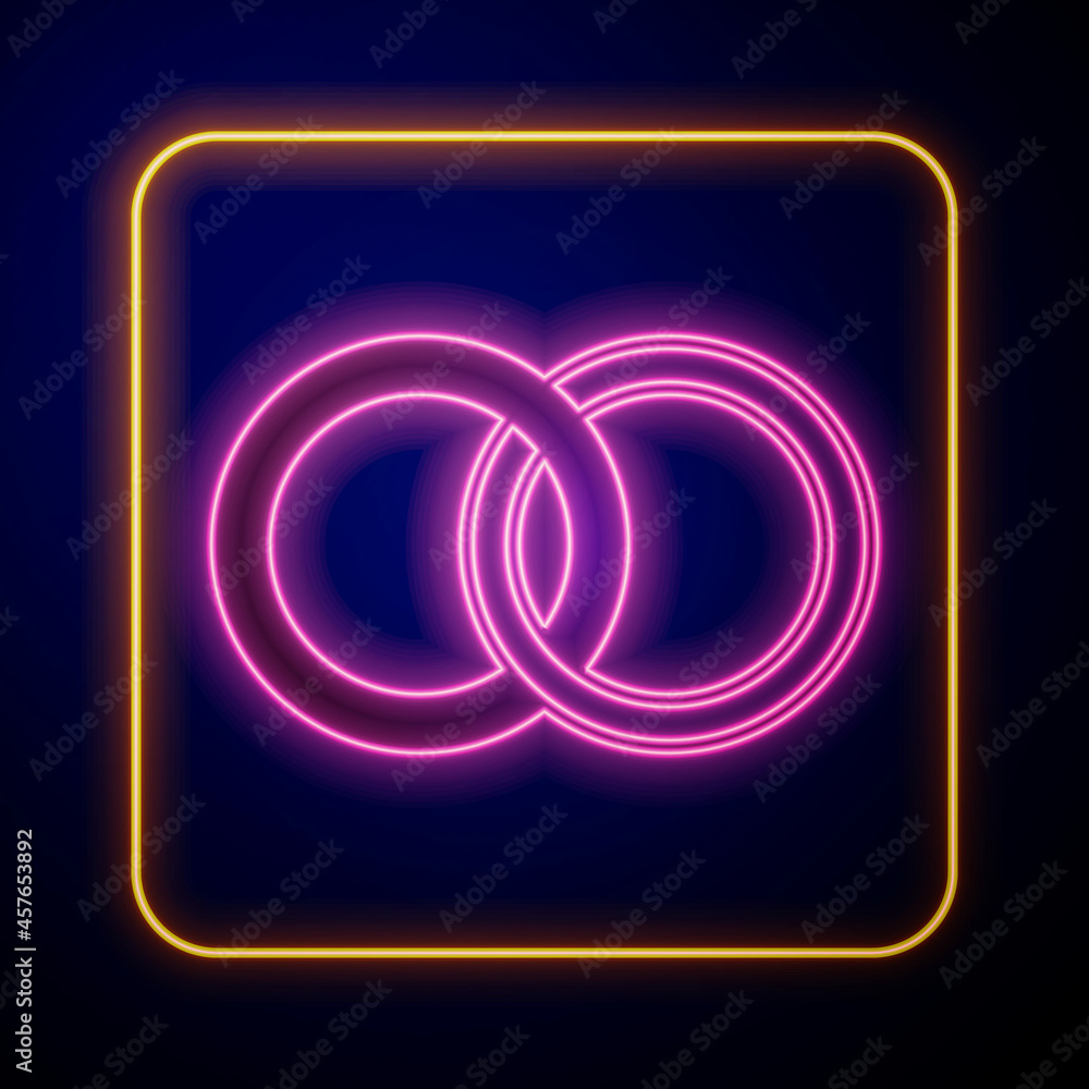 Glowing neon Wedding rings icon isolated on black background. Bride and groom jewelry sign. Marriage symbol. Diamond ring. Vector Glowing neon Wedding rings icon isolated on black background. Bride and groom jewelry sign. Marriage symbol. Diamond ring. Vector