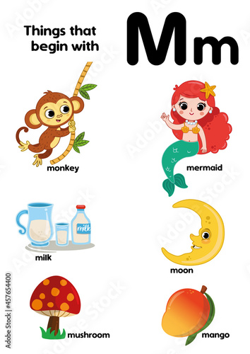 Things that start with the letter M. Educational, vector illustration for children.
