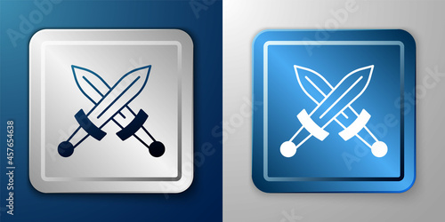 White Crossed medieval sword icon isolated on blue and grey background. Medieval weapon. Silver and blue square button. Vector