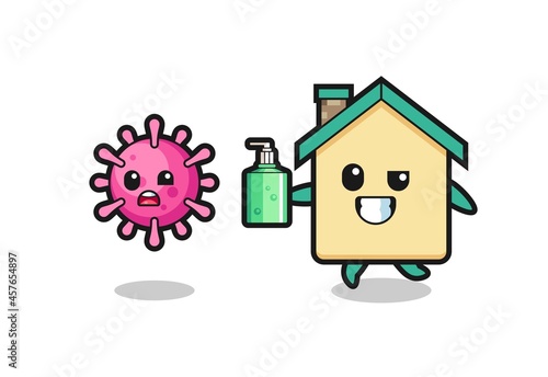 illustration of house character chasing evil virus with hand sanitizer