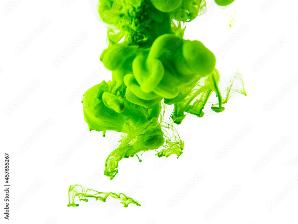 light green paint dissolves in water on a white background, like a cloud or smoke light green paint dissolves in water on a white background, like a cloud or smoke