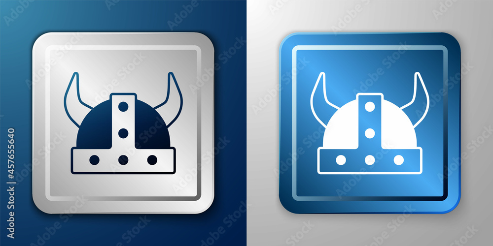 White Viking in horned helmet icon isolated on blue and grey background. Silver and blue square button. Vector White Viking in horned helmet icon isolated on blue and grey background. Silver and blue square button. Vector