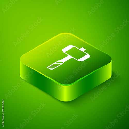 Isometric Medieval battle hammer icon isolated on green background. Green square button. Vector