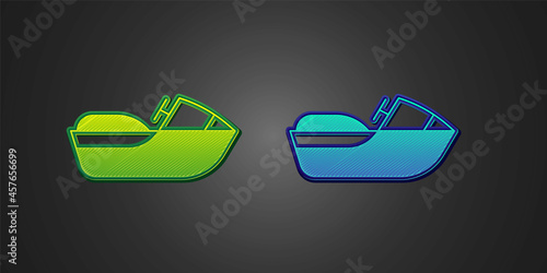 Green and blue Jet ski icon isolated on black background. Water scooter. Extreme sport. Vector