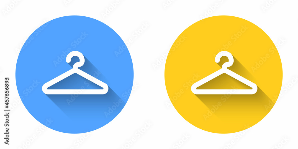 White Hanger wardrobe icon isolated with long shadow background. Cloakroom icon. Clothes service symbol. Laundry hanger sign. Circle button. Vector White Hanger wardrobe icon isolated with long shadow background. Cloakroom icon. Clothes service symbol. Laundry hanger sign. Circle button. Vector