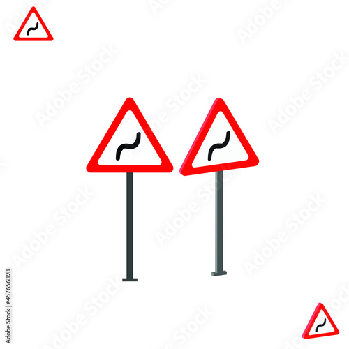 Double Bend First Left traffic sign with 3d view