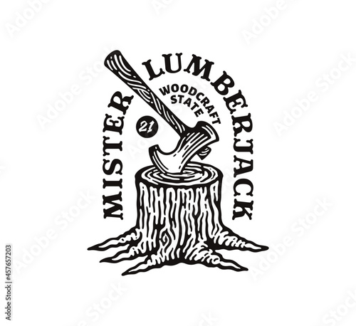 Label illustration of Tree stump with axe in doodle vintage 
