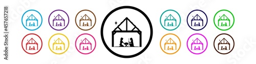 Joseph and Mary in the manger near the birth of Jesus. Icon in different colors on a white background.