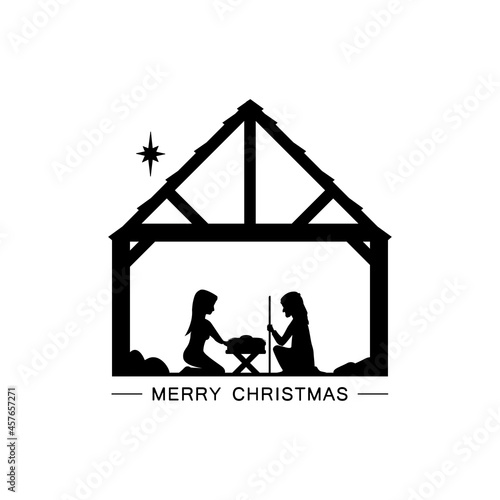 Joseph and Mary in the manger near the birth of Jesus. Black icon on a white background.