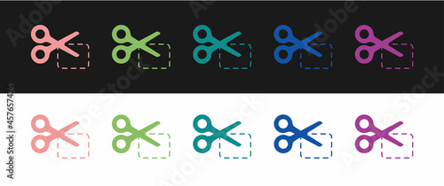 Set Scissors cuts discount coupon icon isolated on black and white background. The concept of selling in an online supermarket at low prices or half the cost. Vector