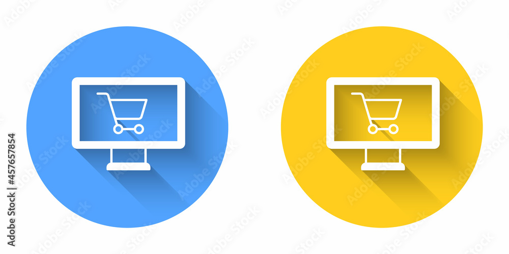 White Shopping cart on monitor icon isolated with long shadow background. Concept e-commerce, e-business, online business marketing. Circle button. Vector White Shopping cart on monitor icon isolated with long shadow background. Concept e-commerce, e-business, online business marketing. Circle button. Vector
