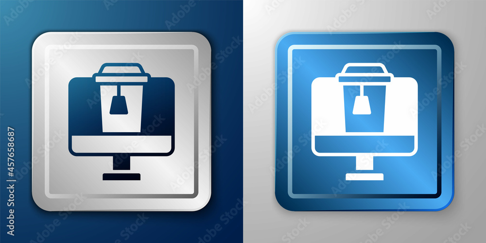 White Online ordering and fast food delivery icon isolated on blue and grey background. Silver and blue square button. Vector White Online ordering and fast food delivery icon isolated on blue and grey background. Silver and blue square button. Vector