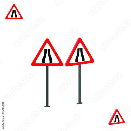 Road Narrows Both Sides traffic sign with 3d view. traffic sign and rules