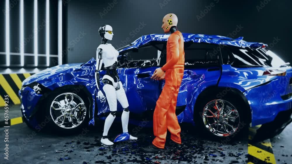Robot crash test dummy and female robot. Future concept. Realistic 4k ...