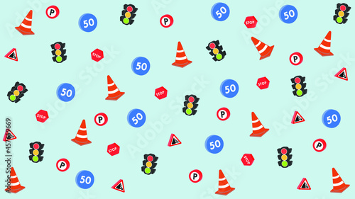 traffic signs pattern on blue background. backgrounds and patterns. Traffic lights, signs and warning pole barge