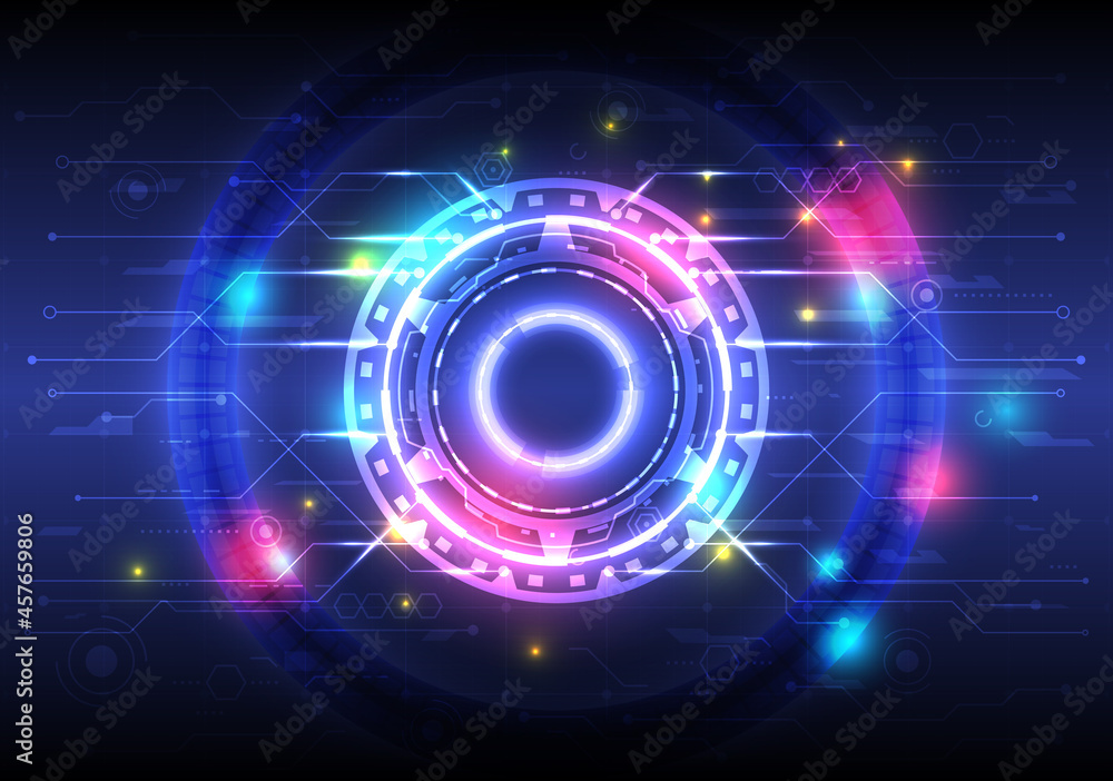 Futuristic Sci-Fi glowing HUD circle element. Abstract hi-tech background. Hologram of head-up display interface. Virtual reality technology of computer engineer. Colorful digital cyber Futuristic Sci-Fi glowing HUD circle element. Abstract hi-tech background. Hologram of head-up display interface. Virtual reality technology of computer engineer. Colorful digital cyber