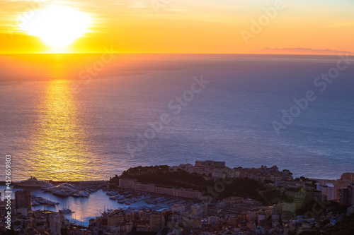 Principality of Monaco aerial panoramic sunrise view