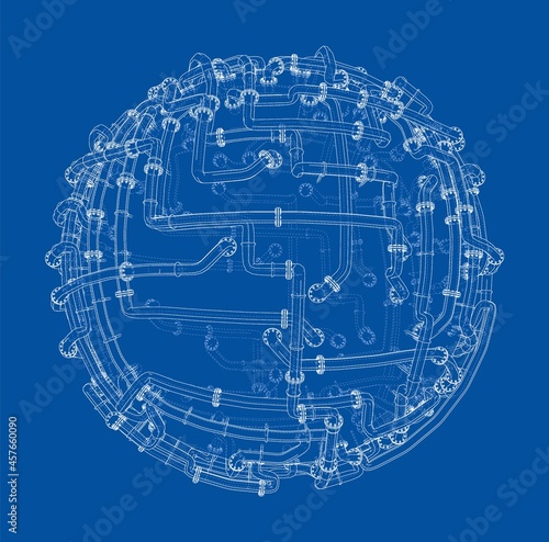 Pipes with flanges around a large sphere. Vector