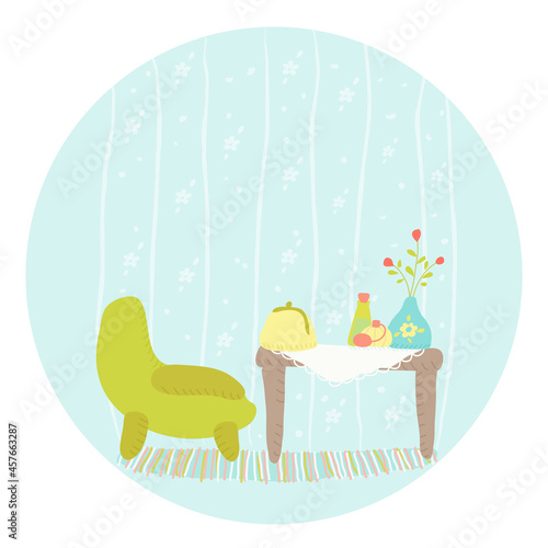round illustration of a cute vintage room with blue floral and striped wallpaper. There is a rug on the floor, napkin on table, vase of flowers, purse, bag, bottle of perfume. Pastel place for text