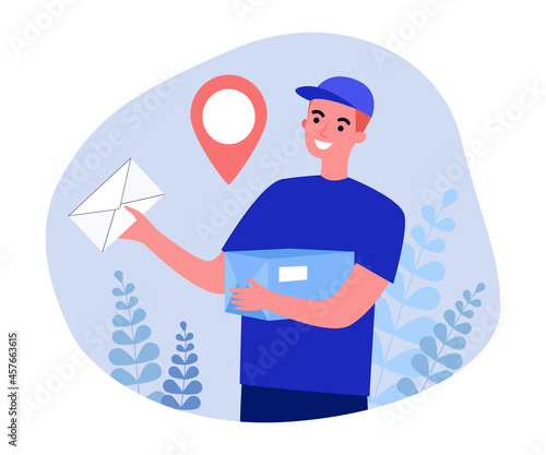 Male cartoon courier delivering letter and package. Smiling man in uniform holding mail or order flat vector illustration. Delivery service concept for banner, website design or landing web page