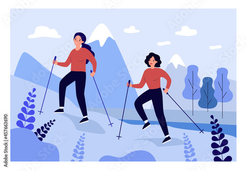 Two cartoon women Nordic walking in mountains. Female characters hiking with trekking poles flat vector illustration. Sports, healthy lifestyle, outdoor activity concept for banner or landing page