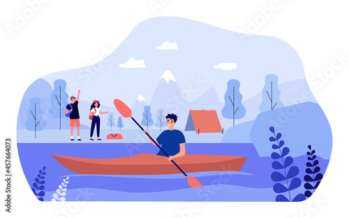Cartoon backpackers waving at kayaking friend from lake shore. Happy man in kayak with paddle flat vector illustration. Sports, outdoor activity concept for banner, website design or landing web page