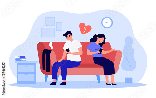 Bored couple sitting on sofa while looking at their phones. Husband and wife tired of each other flat vector illustration. Relationship, breakup concept for banner, website design or landing web page