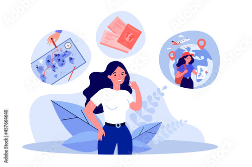 Female traveler cartoon character planning trip. Woman with backpack and map, tickets and passport flat vector illustration. Traveling, tourism concept for banner, website design or landing web page