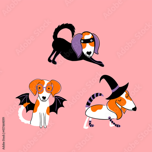 Cute vector characters. Halloween party. Puppies wearing masquerade costumes. Vector illustration for invitation, fabric, kids clothes