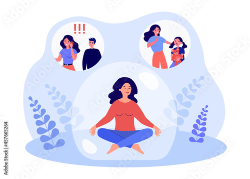 Female character relieving stress by meditating inside bubble. Woman relaxing after dealing with jealous husband and sad kid flat vector illustration. Meditation, mental health concept for banner