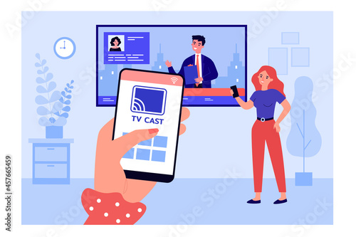 Woman connecting smartphone to television and watching news. Mobile app for casting to TV flat vector illustration. Technology, entertainment concept for banner, website design or landing web page