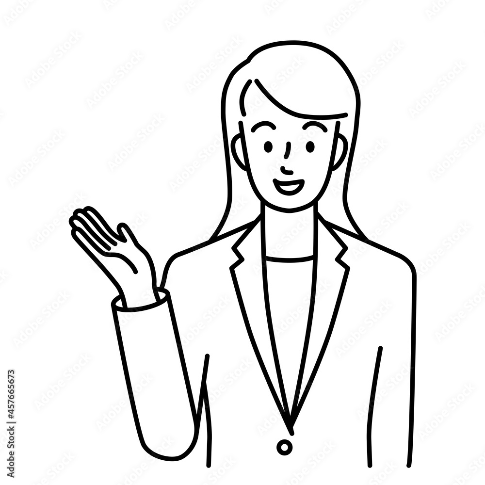 Upper body of a young woman in a suit raising her right hand (line)
