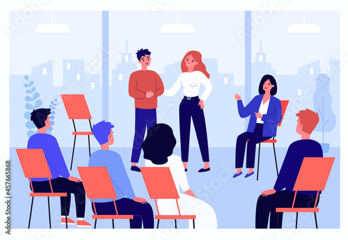 Cartoon man sharing problems in group therapy. People sitting in circle and consulting with therapist flat vector illustration. Psychology, support, mental health concept for banner, website design