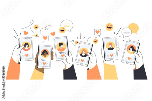 Hands of young people holding phones with dating profiles. Searching for love online, flirting and sending messages in mobile app flat vector illustration. Relationship, romance, technology concept