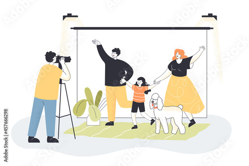Cartoon parents, kid and dog posing for photo in studio. Photographer with professional camera flat vector illustration. Family, photography concept for banner, website design or landing web page