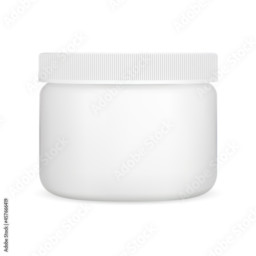 White cream jar, plastic cosmetic container, vector blank. Simple round package template mock up. Face powder bottle, skin care product on white background. Scrub or gel can