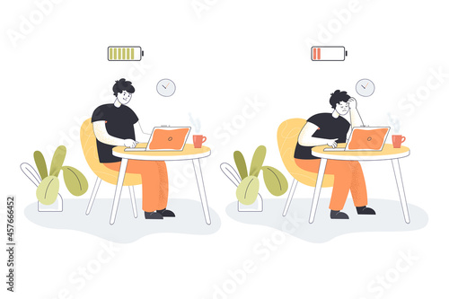 Cartoon employee becoming exhausted in office. Happy and tired or bored male worker working on computer at table flat vector illustration. Health, burnout syndrome concept for banner, website design