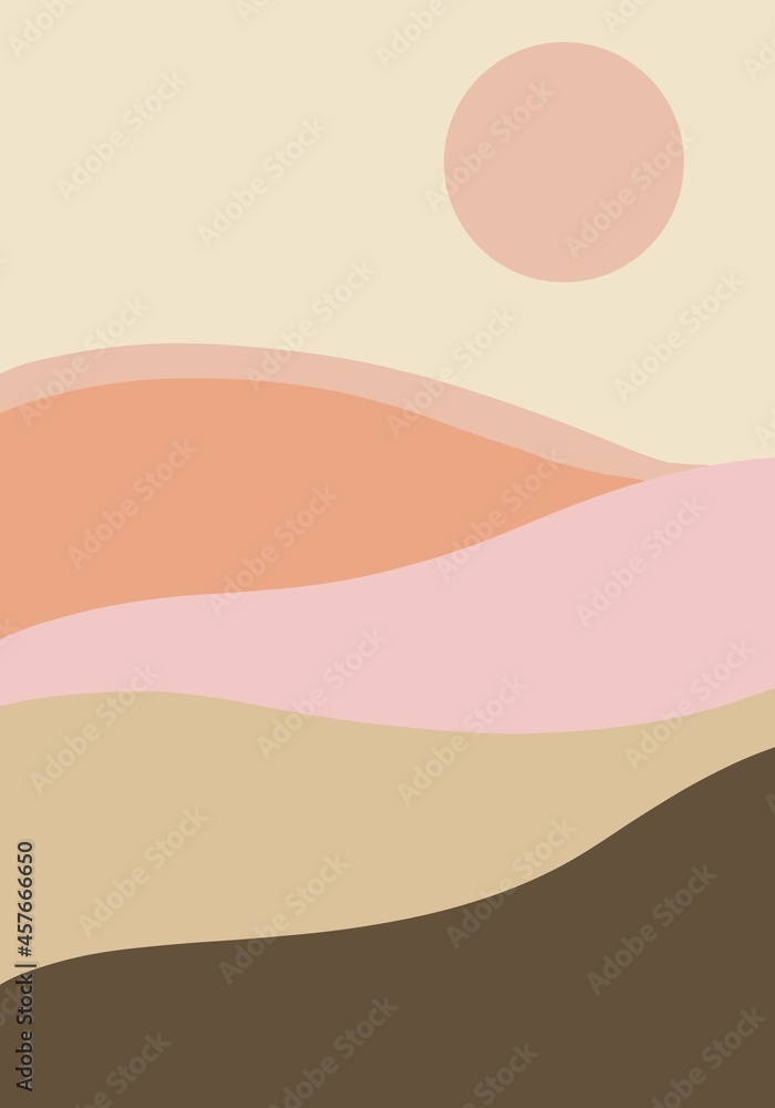 Flat design pastel waves or hills on landscape with sun. Simple template with waves