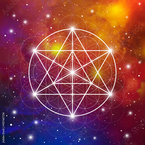 Merkaba sacred geometry spiritual new age futuristic illustration with transmutation interlocking circles, triangles and glowing particles in front of cosmic background
