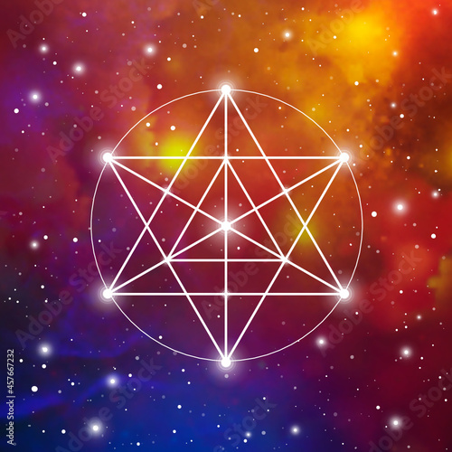 Merkaba sacred geometry spiritual new age futuristic illustration with transmutation interlocking circles, triangles and glowing particles in front of cosmic background
