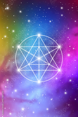 Merkaba sacred geometry spiritual new age futuristic illustration with transmutation interlocking circles, triangles and glowing particles in front of cosmic background
