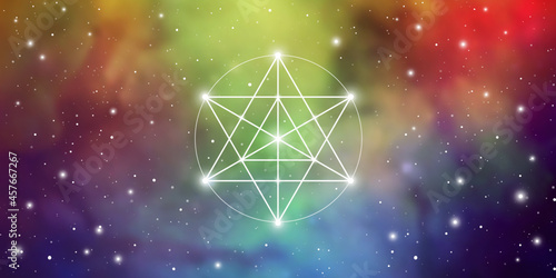 Merkaba sacred geometry spiritual new age futuristic illustration with transmutation interlocking circles, triangles and glowing particles in front of cosmic background
