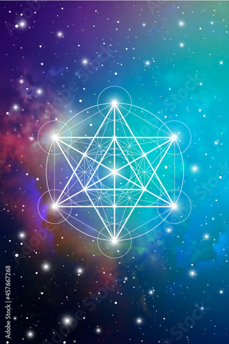 Merkaba sacred geometry spiritual new age futuristic illustration with transmutation interlocking circles, triangles and glowing particles in front of cosmic background
