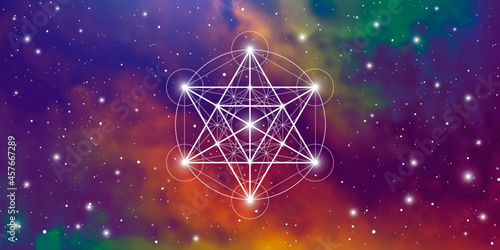 Merkaba sacred geometry spiritual new age futuristic illustration with transmutation interlocking circles, triangles and glowing particles in front of cosmic background 